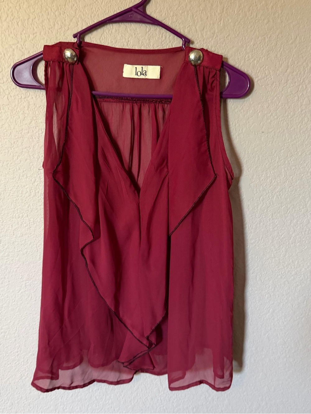 LOLA Womens Small Red Burgundy Sleeveless Flutter Collar Top Blouse Sheer NWOT